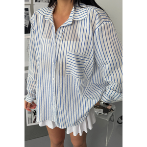 Camisa de Gasa con Rayas Brillantes Azules - Top Informal de Algodón para Mujer, Talla XL, con Decoración de Botones para Oficina o Uso Diario - Product Image 1