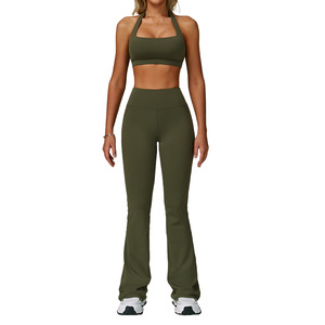 Conjunto de Yoga y Fitness Personalizado, Estilo Deportivo, Sin Espalda, Cuello Halter, Ajustado, Leggings y Pantalones Acampanados - Product Image 2