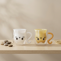 Vente en gros de tasses à café en verre à double paroi mignonnes, en forme de chat 3D, résistantes à la chaleur, avec poignée