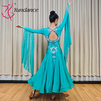 Robe de danse de salon Yundance B-26074 personnalisée en mousseline turquoise avec strass, jupe fluide, tenue de scène standard, longue robe