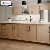 Meuble de cuisine Shaker en bois massif avec portes encadrées, aménagement en îlot, dimensions personnalisées, rangement par tiroirs et boîtes en panneaux mélaminés
