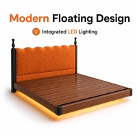Lit flottant King Size en velours texturé doux avec rangement, tête de lit rembourrée en mousse haute densité, éclairage LED d'ambiance, chambre de luxe