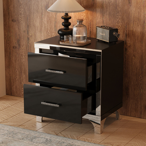 High Gloss Nightstand With 2 Drawers <b>Mirrored</b> <b>Bedside</b> <b>Table</b> Black For Bedroom Living Room - Product Image 2