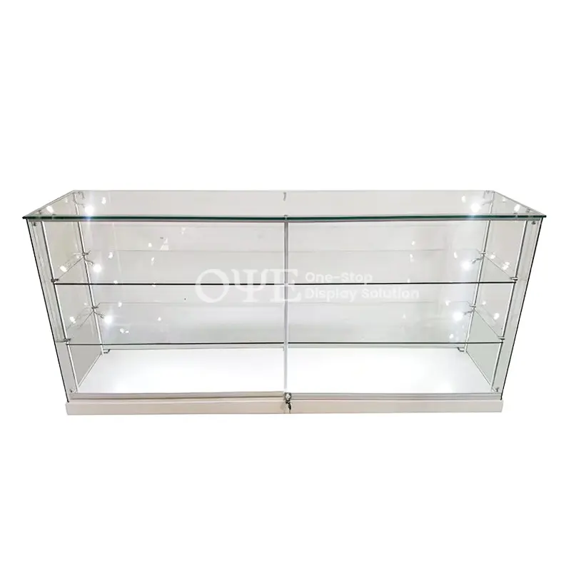 לבן קמעונאות זכוכית ארון תצוגה עבור שרשרת חנות עם 2 מתכוונן זכוכית מדפים על קטבים
