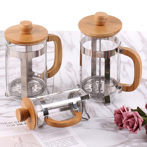 Vente en gros 350ml 600ml 800ml cafetière à pression française, cafetière en verre de qualité supérieure, presse française avec poignée en bois