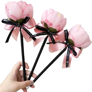 Promo-Bolígrafo con lazo de flores artificiales, pluma rosa con cintas, venta al por mayor
