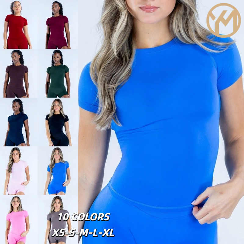 Yimo Hot Sale Seamless Solid Color Women Yoga Shirt Lady Tight Round Neck Quick Dry Fitness Short Sleeve Female Sport Clothes