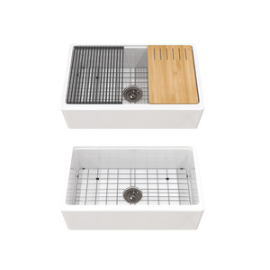 Fregadero de cocina de porcelana de 33 pulgadas, blanco, de arcilla refractaria, con frente de delantal acanalado estilo granja, de un solo tazón, hecho <span class=keywords><strong>a</strong></span> mano, moderno - Product Image 1