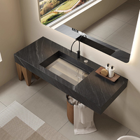 Dalle de roche de luxe personnalisée de haute qualité Salle de bain cannelée Villa Bassin en pente noire Vanité texturée avec évier