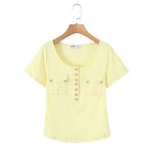 Blusa de Punto de Color Amarillo Limón para Mujer, Marca Runqi, Manga Corta, con Bolsillos 3D y Cierre Frontal con Botones, Talla XL - Product Image 1
