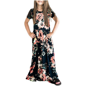 Vestido largo con estampado floral bohemio, azul marino, manga corta, cuello redondo, con bolsillos, informal, de verano, para niñas mayores - Product Image 2