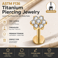 Kaishee Flower 16G Bijou de piercing sans filetage en titane avec zircon cubique pour cartilage d'oreille, conque et hélix