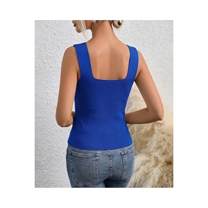 <b>Women's</b> Blue Ribbed Knit Crop <b>Top</b> Thick Strap <b>Square</b> <b>Neck</b> Tank <b>Top</b> Standard Size Smlxl Length 60 Cm - Product Image 3