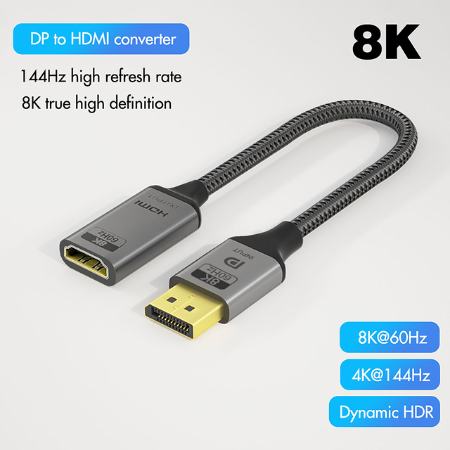 High Quality OEM/ODM UHD 0.2m 8K60Hz 4K144Hz DP to HDMI Adapter Cable DP1.4 to HDMI2.1 Adapter for Laptop Projector PC
