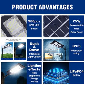 Lampione Stradale <span class=keywords><strong>LED</strong></span> ad Alta Luminosità IP65 con Sensore e Telecomando, 500W 1000W 1500W 2000W, Pannello <span class=keywords><strong>Solare</strong></span> - Product Image 2