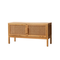 Meuble TV en bois massif avec porte en rotin naturel tressé, console multimédia, armoire de rangement pour salon