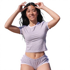 <b>Womens</b> <b>Short</b> Sleeve Contrast Trim T Shirt And Elastic <b>Shorts</b> Two Piece Twin <b>Set</b> - Product Image 1