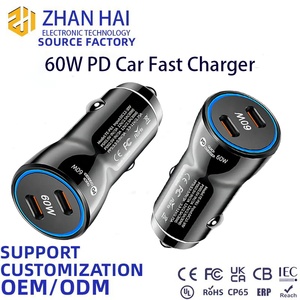 Chargeur rapide de voiture 60W PD pour appareils intelligents Type-C 2 ports avec câble de 1 m compatible avec iPhone/<span class=keywords><strong>Samsung</strong></span>/Android, charge rapide des smartphones - Product Image 1