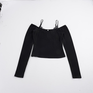 Blusa de punto transpirable para mujer con encaje y patchwork, manga larga, cuello en V, camisola corta, ajuste ceñido, sexy, de dos capas - Product Image 2