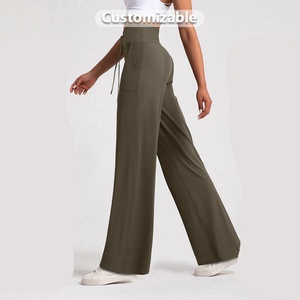 Vêtements de sport décontractés taille haute en gros, pantalon de yoga évasé à jambes larges, poche latérale, taille personnalisée, grande taille, pour femmes - Product Image 2