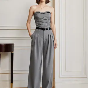 Bescheidene graue Lady Slim-Oberteile Sommer plissiert lange Hosen anzüge elegante solide Hosen 2-teiliges Set