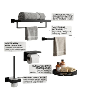Ensemble de porte-serviettes mural moderne en acier inoxydable noir avec étagère de rangement à niveaux et rangement d'angle pour salle de bain - Product Image 1