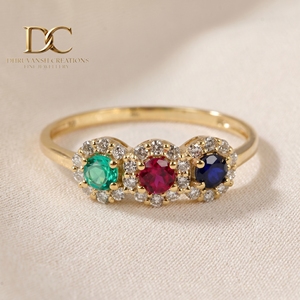Bague de luxe en or massif 14 carats avec diamant de laboratoire, saphir bleu, rubis sang de pigeon et émeraude colombienne, bijoux pour femmes - Product Image 6