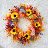 Nouvelle couronne de tournesols d'automne faite à la main de haute qualité en plastique 45 cm, style ferme, décoration de maison pour les fêtes, intérieur/extérieur