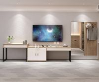 Ensemble de meubles d'hôtel et d'appartement au design moderne : lits jumeaux, support TV, porte-bagages, table de chambre standard, chaise en panneau de bois pour chambre à coucher