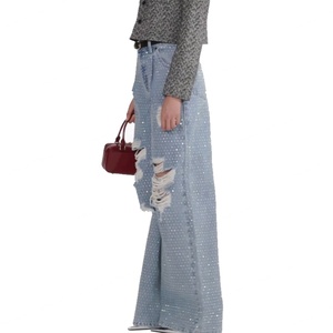 Wholesale Fashion Casual Distressed Women's Jeans Vintage <b>Light</b> <b>Blue</b> Wash Loose Straight Women's Rhinestone Jeans - Product Image 4