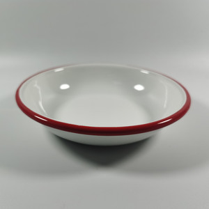 Vaisselle de <span class=keywords><strong>cuisine</strong></span> ronde en émail blanc couleur bleue garniture métallique soupe profonde riz fruits camping assiette en émail rétro - Product Image 3