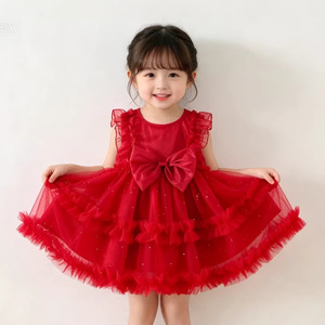 Vestido de Tul Rojo para Niña Pequeña, Vestido de Fiesta con Volantes, Mangas con Lazo, Vestido de Princesa para Fiesta de Cumpleaños Infantil - Product Image 1