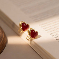 Pendientes de Clip con Forma de Corazón Rojo, Delicados, Dorados, para Uso Diario, Sin Perforación, para Mujer, Última Moda en Joyería, Regalo
