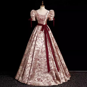 Evening Gown Ball Gown Floral Print Square Collar Claret Polyester Reunion Party Dress - Product Image 2