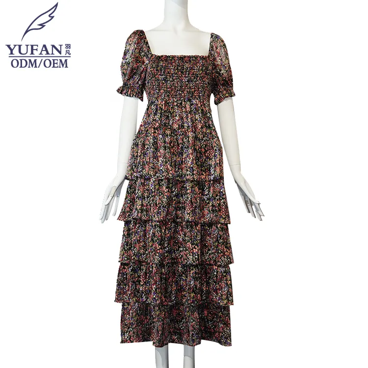 YuFan özel yeni kadın moda uzun puf kollu elbise zarif gevşek Bohemian katmanlı fırfır rahat elbise