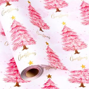 MAYPLUSS Christmas Wrapping Paper Roll 17in X 33ft <b>Pink</b> Tree Star Design Reversible Gift <b>Wrap</b> for Holiday Crafting - Product Image 1