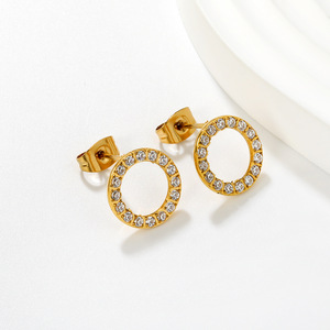 Boucles d'oreilles créoles tendance en acier inoxydable plaqué or 18 carats, incrustées de diamants, motif floral circulaire géométrique pour femme - Product Image 2