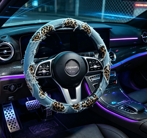Accessoires intérieurs de voiture innovants transfrontaliers, housse de <span class=keywords><strong>volant</strong></span> universelle en denim de lin à imprimé léopard tendance - Product Image 1