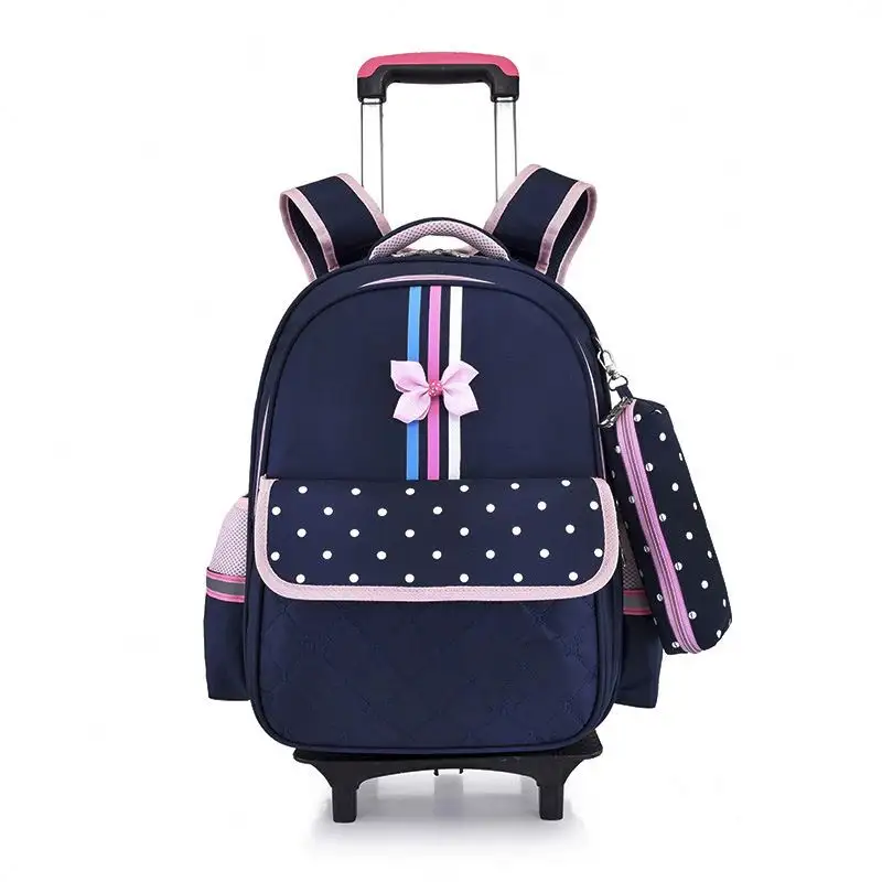 Custom Logo Pupil Backpack Bag School Navy Blue Dot Print Oxford Backpack Children Kids Trolley School Bag With Wheels Luminous