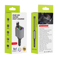 Chargeur de voiture rapide 5-en-1 en alliage d'aluminium 100W avec câble rétractable Type-C et ports USB 5V/2.4A, lumière étoilée pour montre connectée et téléphone