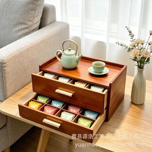 Wooden Double Layer <b>Tea</b> Bag Storage <b>Box</b> With Compartments Drawer Style Desktop Organizer For <b>Tea</b> Room Use - Product Image 2