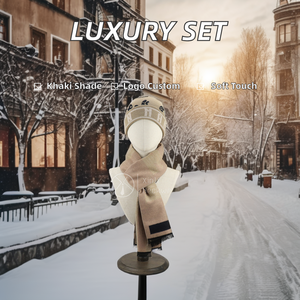 Gorro caqui de lana de diseñador de lujo, conjunto de bufanda, logotipo personalizado, tejido bordado, accesorios cálidos de invierno para hombres, división de adultos - Product Image 3