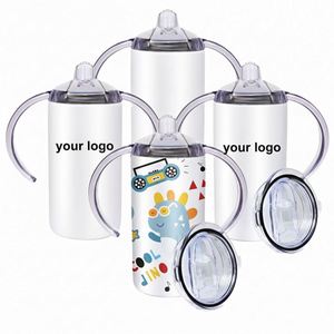 12oz Classic Straight Vacuum Insulated Stainless Steel White Sublimation Blank Toddler <b>Kids</b> Sippy <b>Cup</b> Tumbler Dual Lids - Product Image 1