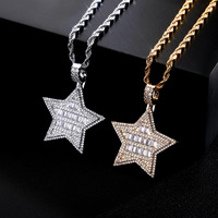 Pendentif Étoile Hip Hop Baguette Plaqué Or Pentagramme CZ Bling Bling Bijoux Homme Iced Out Cadeau
