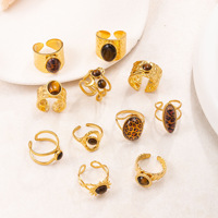 Bague tendance pour femme, style ancien, en acier inoxydable plaqué or PVD, avec pierre œil de tigre, pour usage quotidien