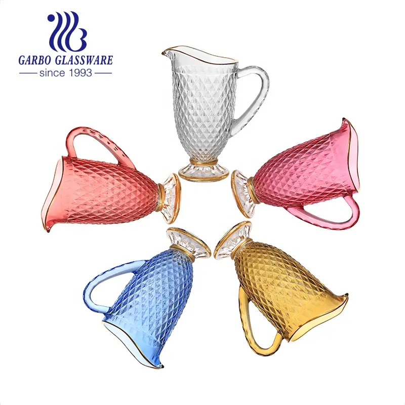China wholesale spray color water drinking glassware 1200ml mouth bottom painted gold with lid waterpot pitcher jar glass jug