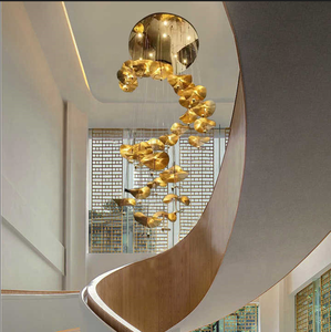 Gold <strong>Copper</strong> Hanging <strong>Lamp</strong> Hotel Modern High Ceiling Chandelier Handmade Lotus Leaf Staircase Duplex Hall Pendant Light - Product Image 6