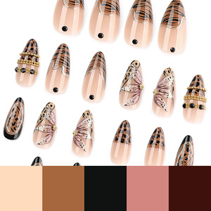Faux ongles à presser automne-hiver, motif léopard, fleurs 3D, forme amande, couverture complète, prêts à poser - Product Image 3