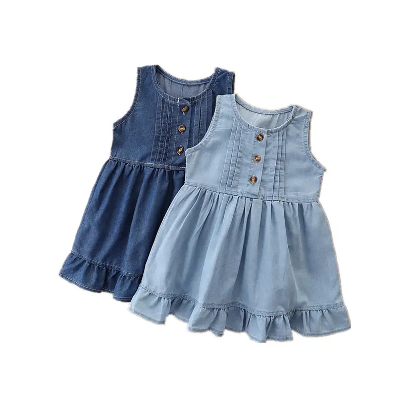 2022 Hot Sale Baby Girl Clothes Sleeveless Pleated Jean Skirt Button Fold Children Wear Casual Denim Vest Dresses
