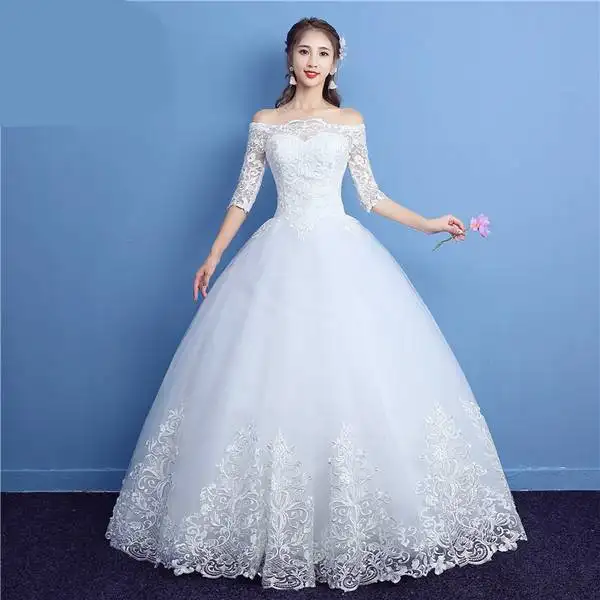 ชุดแต่งงานผ้าลูกไม้เกาหลีแขนสามส่วนคอเรือ,ชุดแต่งงานชุดเจ้าสาวแฟชั่นใหม่ปี2019
